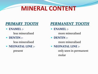 MINERAL CONTENT
PRIMARY TOOTH PERMANENT TOOTH
 ENAMEL :-
less mineralised
 DENTIN :-
less mineralised
 NEONATAL LINE :-
present
 ENAMEL :-
more mineralised
 DENTIN :-
more mineralised
 NEONATAL LINE :-
only seen in permanent
molar
 