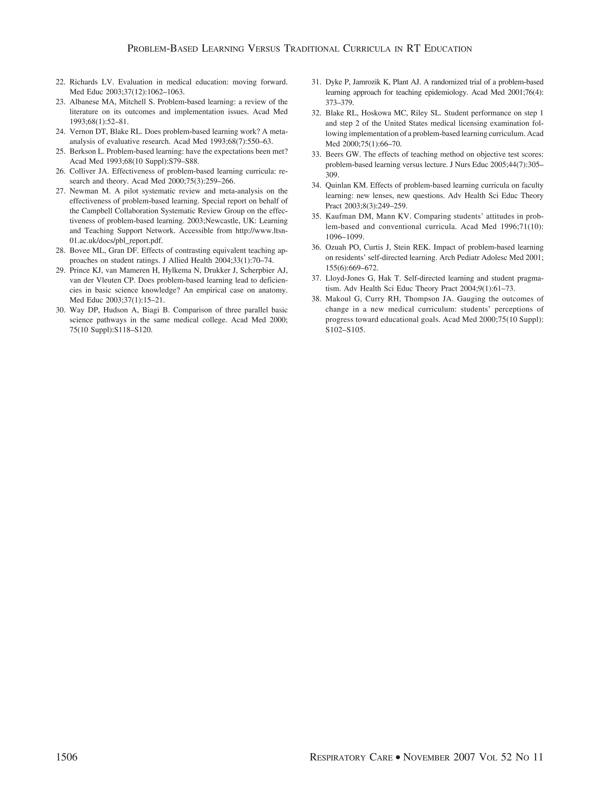 22. Richards LV. Evaluation in medical education: moving forward.
Med Educ 2003;37(12):1062–1063.
23. Albanese MA, Mitchell S. Problem-based learning: a review of the
literature on its outcomes and implementation issues. Acad Med
1993;68(1):52–81.
24. Vernon DT, Blake RL. Does problem-based learning work? A meta-
analysis of evaluative research. Acad Med 1993;68(7):550–63.
25. Berkson L. Problem-based learning: have the expectations been met?
Acad Med 1993;68(10 Suppl):S79–S88.
26. Colliver JA. Effectiveness of problem-based learning curricula: re-
search and theory. Acad Med 2000;75(3):259–266.
27. Newman M. A pilot systematic review and meta-analysis on the
effectiveness of problem-based learning. Special report on behalf of
the Campbell Collaboration Systematic Review Group on the effec-
tiveness of problem-based learning. 2003;Newcastle, UK: Learning
and Teaching Support Network. Accessible from http://www.ltsn-
01.ac.uk/docs/pbl_report.pdf.
28. Bovee ML, Gran DF. Effects of contrasting equivalent teaching ap-
proaches on student ratings. J Allied Health 2004;33(1):70–74.
29. Prince KJ, van Mameren H, Hylkema N, Drukker J, Scherpbier AJ,
van der Vleuten CP. Does problem-based learning lead to deficien-
cies in basic science knowledge? An empirical case on anatomy.
Med Educ 2003;37(1):15–21.
30. Way DP, Hudson A, Biagi B. Comparison of three parallel basic
science pathways in the same medical college. Acad Med 2000;
75(10 Suppl):S118–S120.
31. Dyke P, Jamrozik K, Plant AJ. A randomized trial of a problem-based
learning approach for teaching epidemiology. Acad Med 2001;76(4):
373–379.
32. Blake RL, Hoskowa MC, Riley SL. Student performance on step 1
and step 2 of the United States medical licensing examination fol-
lowing implementation of a problem-based learning curriculum. Acad
Med 2000;75(1):66–70.
33. Beers GW. The effects of teaching method on objective test scores:
problem-based learning versus lecture. J Nurs Educ 2005;44(7):305–
309.
34. Quinlan KM. Effects of problem-based learning curricula on faculty
learning: new lenses, new questions. Adv Health Sci Educ Theory
Pract 2003;8(3):249–259.
35. Kaufman DM, Mann KV. Comparing students’ attitudes in prob-
lem-based and conventional curricula. Acad Med 1996;71(10):
1096–1099.
36. Ozuah PO, Curtis J, Stein REK. Impact of problem-based learning
on residents’ self-directed learning. Arch Pediatr Adolesc Med 2001;
155(6):669–672.
37. Lloyd-Jones G, Hak T. Self-directed learning and student pragma-
tism. Adv Health Sci Educ Theory Pract 2004;9(1):61–73.
38. Makoul G, Curry RH, Thompson JA. Gauging the outcomes of
change in a new medical curriculum: students’ perceptions of
progress toward educational goals. Acad Med 2000;75(10 Suppl):
S102–S105.
PROBLEM-BASED LEARNING VERSUS TRADITIONAL CURRICULA IN RT EDUCATION
1506 RESPIRATORY CARE • NOVEMBER 2007 VOL 52 NO 11
 