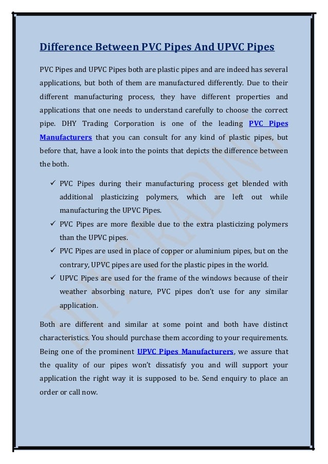 Difference between pvc pipes and upvc pipes