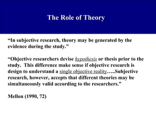 The Role of Theory
“In subjective research, theory may be generated by the
evidence during the study.”
“Objective researchers devise hypothesis or thesis prior to the
study. This difference make sense if objective research is
design to understand a single objective reality…..Subjective
research, however, accepts that different theories may be
simultaneously valid according to the researchers.”
Mellon (1990, 72)

 