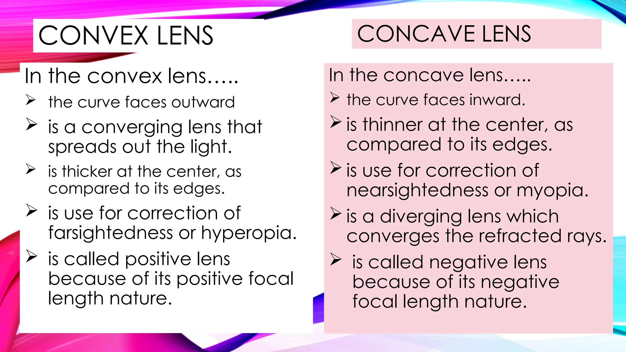 CONVEX LENS
In the convex lens…..
 the curve faces outward
 is a converging lens that
spreads out the light.
 is thicker at the center, as
compared to its edges.
 is use for correction of
farsightedness or hyperopia.
 is called positive lens
because of its positive focal
length nature.
CONCAVE LENS
In the concave lens…..
 the curve faces inward.
 is thinner at the center, as
compared to its edges.
 is use for correction of
nearsightedness or myopia.
 is a diverging lens which
converges the refracted rays.
 is called negative lens
because of its negative
focal length nature.
 