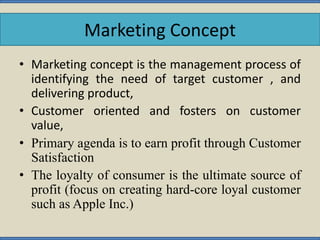 • Marketing concept is the management process of
identifying the need of target customer , and
delivering product,
• Customer oriented and fosters on customer
value,
• Primary agenda is to earn profit through Customer
Satisfaction
• The loyalty of consumer is the ultimate source of
profit (focus on creating hard-core loyal customer
such as Apple Inc.)
Marketing Concept
 