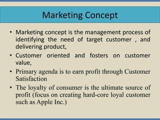 • Marketing concept is the management process of
identifying the need of target customer , and
delivering product,
• Custo...