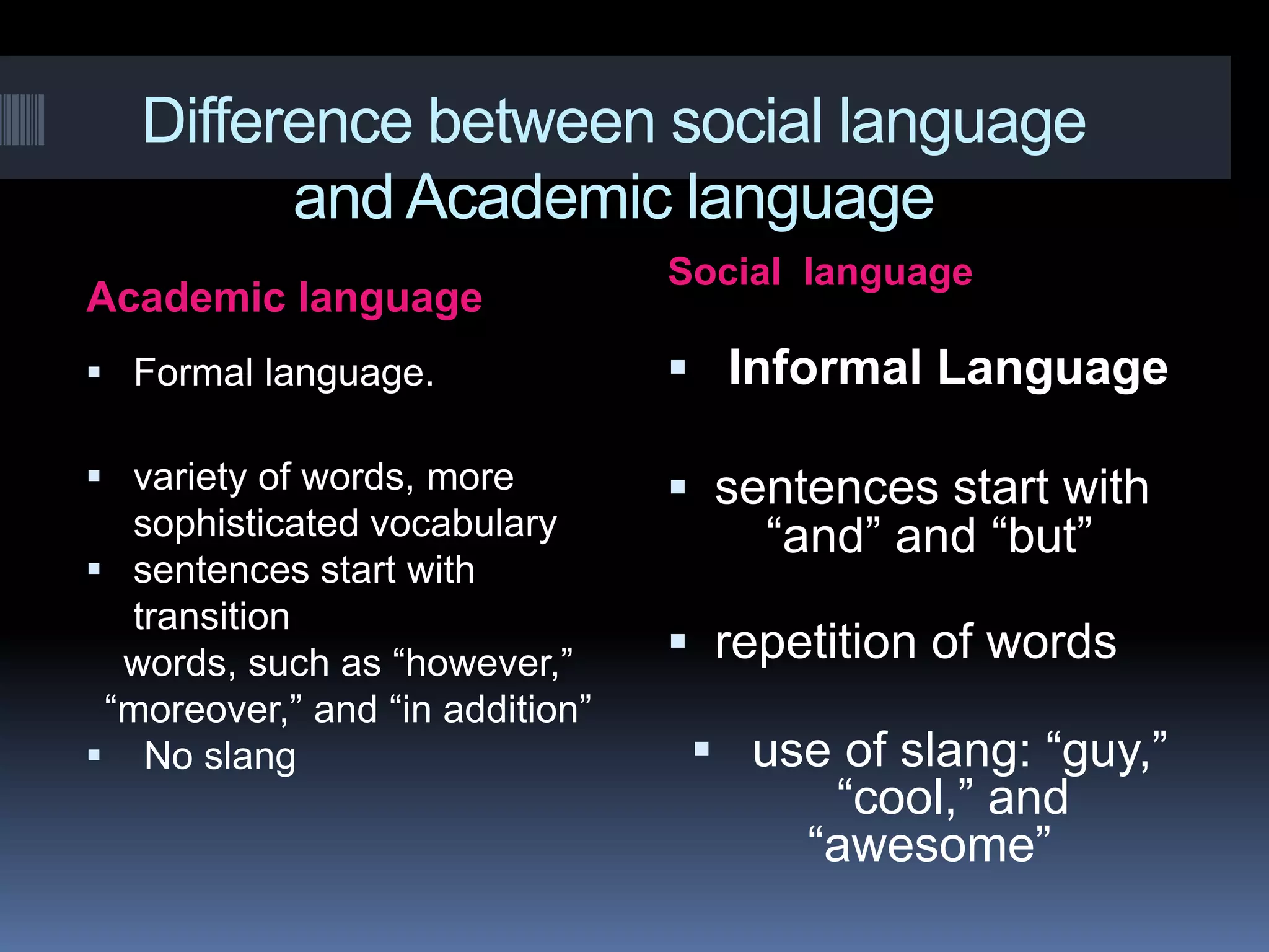 Difference between social language
and Academic language
Academic language
Social language
Formal language.
Informal Language
variety of words, more
sentences start with
“and” and “but”
sophisticated vocabulary
sentences start with
transition
words, such as “however,”
“moreover,” and “in addition”
No slang
repetition of words
use of slang: “guy,”
“cool,” and
“awesome”