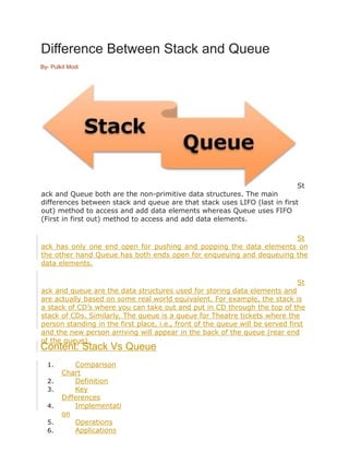 Difference Between Stack and Queue
By- Pulkit Modi
St
ack and Queue both are the non-primitive data structures. The main
differences between stack and queue are that stack uses LIFO (last in first
out) method to access and add data elements whereas Queue uses FIFO
(First in first out) method to access and add data elements.
St
ack has only one end open for pushing and popping the data elements on
the other hand Queue has both ends open for enqueuing and dequeuing the
data elements.
St
ack and queue are the data structures used for storing data elements and
are actually based on some real world equivalent. For example, the stack is
a stack of CD’s where you can take out and put in CD through the top of the
stack of CDs. Similarly, The queue is a queue for Theatre tickets where the
person standing in the first place, i.e., front of the queue will be served first
and the new person arriving will appear in the back of the queue (rear end
of the queue).
Content: Stack Vs Queue
1. Comparison
Chart
2. Definition
3. Key
Differences
4. Implementati
on
5. Operations
6. Applications
 