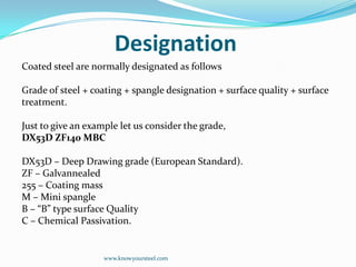 Designation
Coated steel are normally designated as follows
Grade of steel + coating + spangle designation + surface quali...
