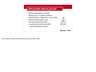 17
APPLICATION VIRTUALIZATION
• 1990 Sun Microsystems “Stealth”
• Address C/C++ Portability problems
• Renamed Oak -> Webrunner -> Java (1995)
• 1996 Sun Microsystems “Java”
• Java Development Kit (JDK)
• Java Runtime Environment (JRE)
• Java Virtual Machine (JVM)
Sun attempted to answer code portability using Java starting in 1990.
 