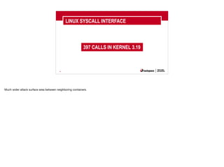 38
LINUX SYSCALL INTERFACE
397 CALLS IN KERNEL 3.19
Much wider attack surface area between neighboring containers.
 