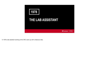 1978
8
THE LAB ASSISTANT
In 1978 a lab assistant working at the CRC came up with a fabulous idea.
 
