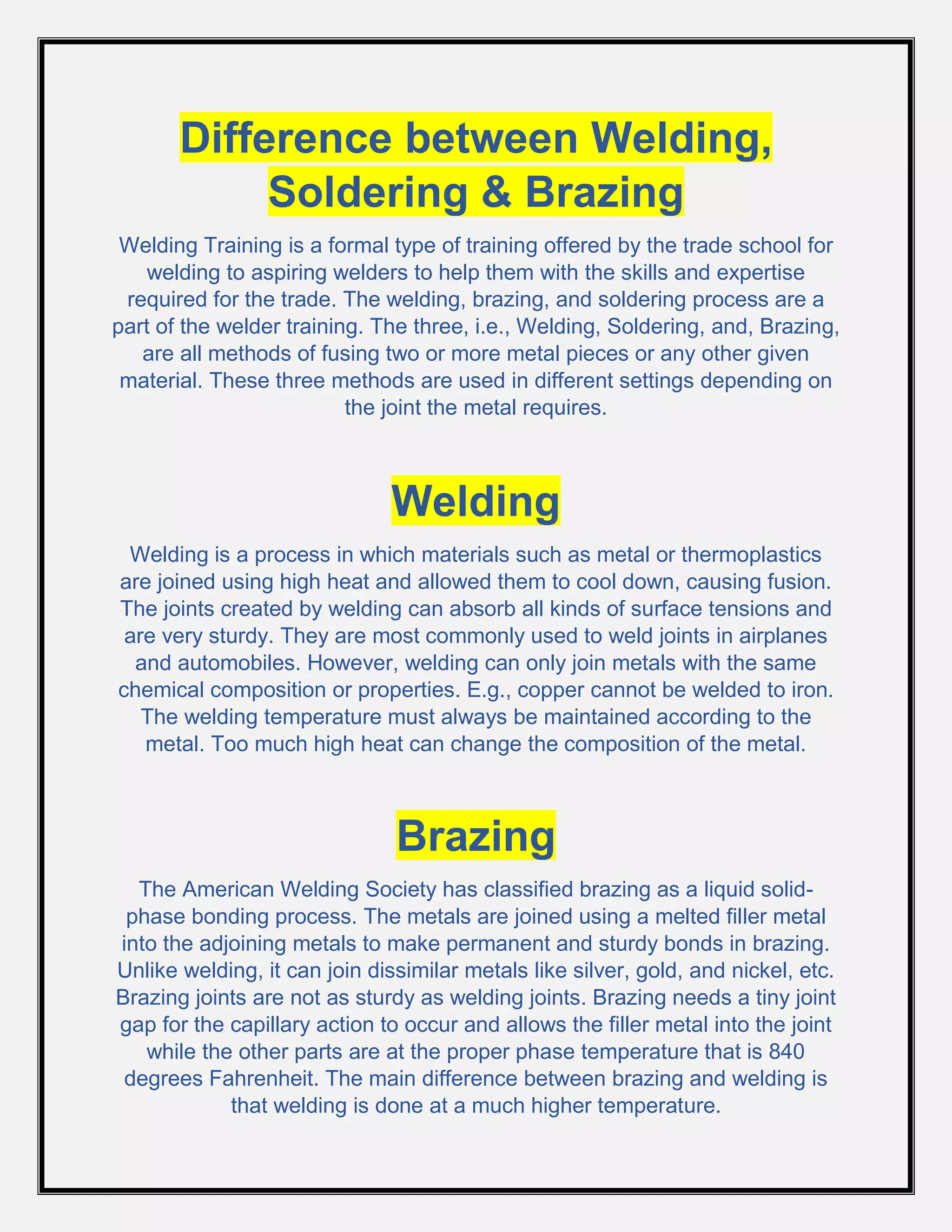 Differences in welding, brazing, and soldering in welder training PDF