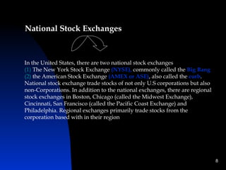 National Stock Exchanges



In the United States, there are two national stock exchanges
(1) The New York Stock Exchange (NYSE), commonly called the Big Bang
(2) the American Stock Exchange (AMEX or ASE), also called the curb.
National stock exchange trade stocks of not only U.S corporations but also
non-Corporations. In addition to the national exchanges, there are regional
stock exchanges in Boston, Chicago (called the Midwest Exchange),
Cincinnati, San Francisco (called the Pacific Coast Exchange) and
Philadelphia. Regional exchanges primarily trade stocks from the
corporation based with in their region




                                                                              8
 