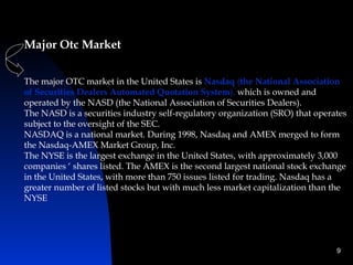 Major Otc Market


The major OTC market in the United States is Nasdaq (the National Association
of Securities Dealers Automated Quotation System), which is owned and
operated by the NASD (the National Association of Securities Dealers).
The NASD is a securities industry self-regulatory organization (SRO) that operates
subject to the oversight of the SEC.
NASDAQ is a national market. During 1998, Nasdaq and AMEX merged to form
the Nasdaq-AMEX Market Group, Inc.
The NYSE is the largest exchange in the United States, with approximately 3,000
companies ‘ shares listed. The AMEX is the second largest national stock exchange
in the United States, with more than 750 issues listed for trading. Nasdaq has a
greater number of listed stocks but with much less market capitalization than the
NYSE




                                                                               9
 