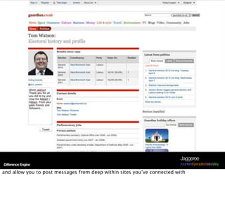 Jaggeree
Difference Engine                                                        /content/people/data/play

and allow you to post messages from deep within sites you’ve connected with
 