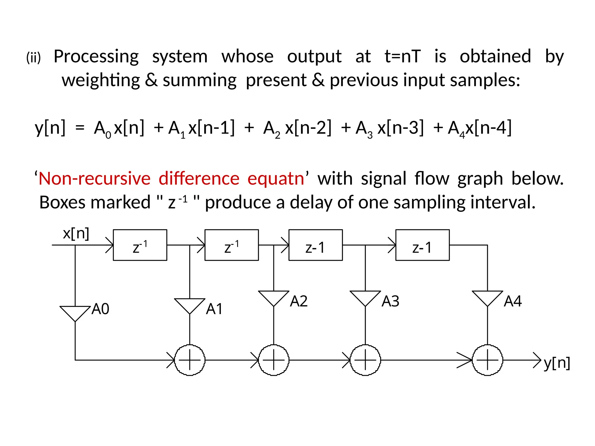 (ii) Processing system whose output at t=nT is obtained by
weighting & summing present & previous input samples:
y[n] = A0 x[n] + A1 x[n-1] + A2 x[n-2] + A3 x[n-3] + A4x[n-4]
‘Non-recursive difference equatn’ with signal flow graph below.
Boxes marked " z-1
" produce a delay of one sampling interval.
z-1
z-1
z-1 z-1
x[n]
A0 A1
A2 A3 A4
y[n]
 