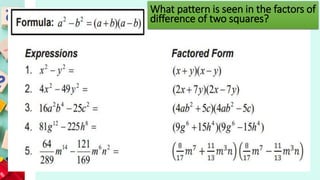 What pattern is seen in the factors of
difference of two squares?
 