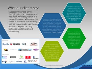 What our clients say:
                                                                          “I feel that I can rely on
                                                                            the information and
                                                                           advice provided (not
Success in business arrives                                                 something I can say
                                                                           about other telecoms
through giving the customer what                                           folk I have dealt with)”
they want, when they want it at a                                         Mark Farrer, Head of IT,
                                                                            The Scottish Salmon
competitive price. We enable our      “Diﬀerence Corp are the kind of
                                                                                   Company
                                     organisation that you can rely on
clients to make this process easy   to ensure you get what you need,
                                     when you need it. A friendly yet
for their customers through being    professional service that delivers
experts in request handling           on time and accurately. Without
                                     their help our new brand launch
technology, automation and          would have been much more of a
                                     headache". Grant Mitchell, Head
outsourcing.                        of Infrastructure, Pulsant Limited     "Diﬀerence are a trusted
                                                                             professional services
                                                                             partner for enterprises
                                                                              deploying our email
                                                                             management solution
                                                                           internationally, their work
                                                                              and methodology is
                                                                              exemplary “. Donald
                                                                               Cameron, Investor
                                         “In a demanding                          Logicalware
                                       market, it’s a breath
                                           of fresh air to
                                        experience such a
                                       high level of service.
                                        Thanks again“. Ian
                                        Bishop, Managing
                                       Director Shades Blinds



                                       2012 Difference Corporation
 