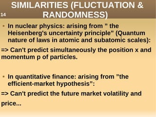 SIMILARITIES (FLUCTUATION &
RANDOMNESS)
 In nuclear physics: arising from ” the
Heisenberg's uncertainty principle” (Quantum
nature of laws in atomic and subatomic scales):
=> Can't predict simultaneously the position x and
momentum p of particles.
 In quantitative finance: arising from ”the
efficient-market hypothesis”:
=> Can't predict the future market volatility and
price...
14
 