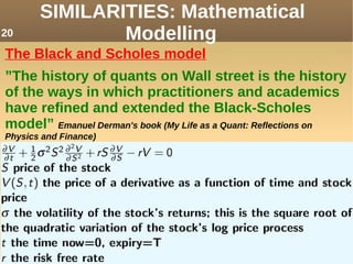 The Black and Scholes model
”The history of quants on Wall street is the history
of the ways in which practitioners and academics
have refined and extended the Black-Scholes
model” Emanuel Derman's book (My Life as a Quant: Reflections on
Physics and Finance)
SIMILARITIES: Mathematical
Modelling20
 