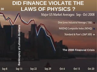 DID FINANCE VIOLATE THE
LAWS OF PHYSICS ?
BankruptcyofLehmanBrothers
The 2008 Financial Crisis
30
 