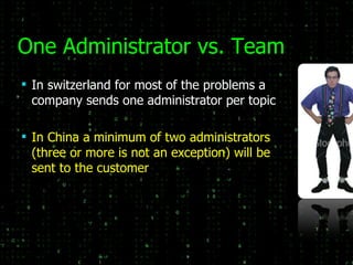 One Administrator vs. Team In switzerland for most of the problems a company sends one administrator per topic In China a minimum of two administrators (three or more is not an exception) will be sent to the customer 