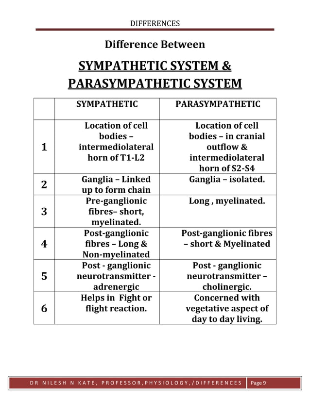 Differences sympathetic system vs parasympathetic system