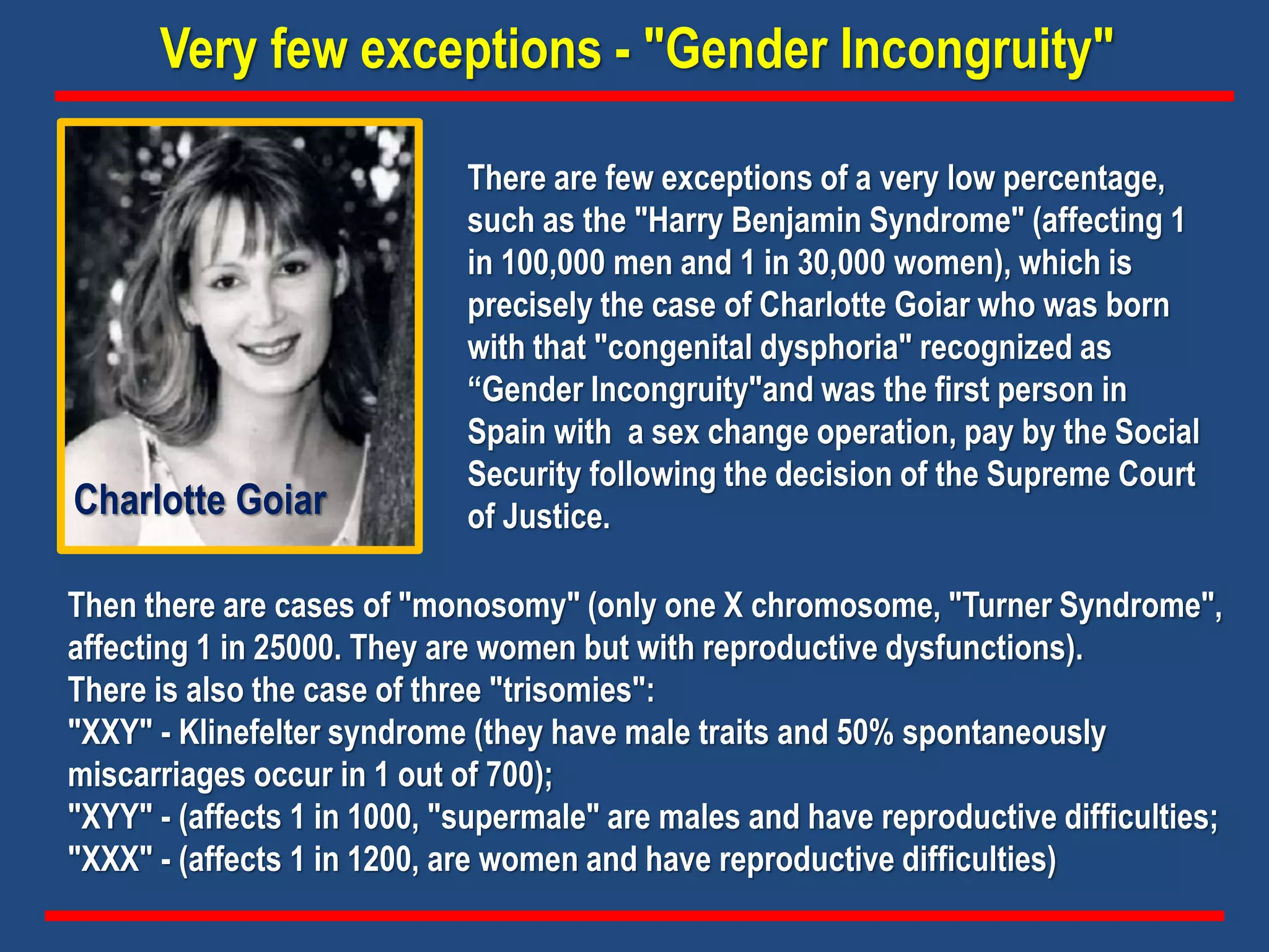 Very few exceptions - "Gender Incongruity"
There are few exceptions of a very low percentage,
such as the "Harry Benjamin Syndrome" (affecting 1
in 100,000 men and 1 in 30,000 women), which is
precisely the case of Charlotte Goiar who was born
with that "congenital dysphoria" recognized as
“Gender Incongruity"and was the first person in
Spain with a sex change operation, pay by the Social
Security following the decision of the Supreme Court
of Justice.Charlotte Goiar
Then there are cases of "monosomy" (only one X chromosome, "Turner Syndrome",
affecting 1 in 25000. They are women but with reproductive dysfunctions).
There is also the case of three "trisomies":
"XXY" - Klinefelter syndrome (they have male traits and 50% spontaneously
miscarriages occur in 1 out of 700);
"XYY" - (affects 1 in 1000, "supermale" are males and have reproductive difficulties;
"XXX" - (affects 1 in 1200, are women and have reproductive difficulties)
 