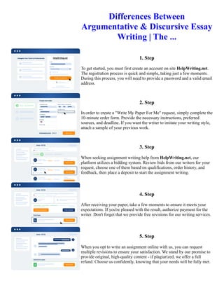 Differences Between
Argumentative & Discursive Essay
Writing | The ...
1. Step
To get started, you must first create an account on site HelpWriting.net.
The registration process is quick and simple, taking just a few moments.
During this process, you will need to provide a password and a valid email
address.
2. Step
In order to create a "Write My Paper For Me" request, simply complete the
10-minute order form. Provide the necessary instructions, preferred
sources, and deadline. If you want the writer to imitate your writing style,
attach a sample of your previous work.
3. Step
When seeking assignment writing help from HelpWriting.net, our
platform utilizes a bidding system. Review bids from our writers for your
request, choose one of them based on qualifications, order history, and
feedback, then place a deposit to start the assignment writing.
4. Step
After receiving your paper, take a few moments to ensure it meets your
expectations. If you're pleased with the result, authorize payment for the
writer. Don't forget that we provide free revisions for our writing services.
5. Step
When you opt to write an assignment online with us, you can request
multiple revisions to ensure your satisfaction. We stand by our promise to
provide original, high-quality content - if plagiarized, we offer a full
refund. Choose us confidently, knowing that your needs will be fully met.
Differences Between Argumentative & Discursive Essay Writing | The ... Differences Between Argumentative &
Discursive Essay Writing | The ...
 