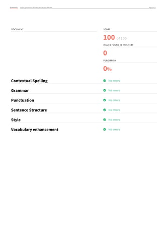 Grammarly GrammarlyReport	generated	on	Thursday,	Dec	14,	2017,	9:47	AM Page	1	of	3
DOCUMENT SCORE
100	
ISSUES	FOUND	IN	THIS	TEXT
0
PLAGIARISM
0%
Contextual	Spelling
Grammar
Punctuation
Sentence	Structure
Style
Vocabulary	enhancement
of	100
No	errors
No	errors
No	errors
No	errors
No	errors
No	errors
 