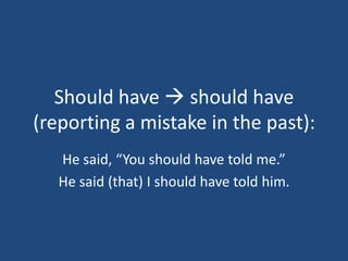 Should have  should have
(reporting a mistake in the past):
   He said, “You should have told me.”
   He said (that) I should have told him.
 