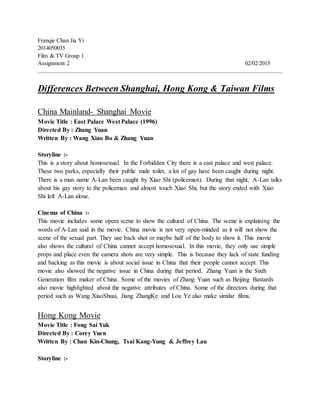 Franqie Chan Jia Yi
2014050035
Film & TV Group 1
Assignment 2 02/02/2015
Differences Between Shanghai, Hong Kong & Taiwan Films
China Mainland- Shanghai Movie
Movie Title : East Palace West Palace (1996)
Directed By : Zhang Yuan
Written By : Wang Xiao Bo & Zhang Yuan
Storyline :-
This is a story about homosexual. In the Forbidden City there is a east palace and west palace.
These two parks, especially their public male toilet, a lot of gay have been caught during night.
There is a man name A-Lan been caught by Xiao Shi (policeman). During that night, A-Lan talks
about his gay story to the policeman and almost touch Xiao Shi, but the story ended with Xiao
Shi left A-Lan alone.
Cinema of China :-
This movie includes some opera scene to show the cultural of China. The scene is explaining the
words of A-Lan said in the movie. China movie is not very open-minded as it will not show the
scene of the sexual part. They use back shot or maybe half of the body to show it. This movie
also shows the cultural of China cannot accept homosexual. In this movie, they only use simple
props and place even the camera shots are very simple. This is because they lack of state funding
and backing as this movie is about social issue in China that their people cannot accept. This
movie also showed the negative issue in China during that period. Zhang Yuan is the Sixth
Generation film maker of China. Some of the movies of Zhang Yuan such as Beijing Bastards
also movie highlighted about the negative attributes of China. Some of the directors during that
period such as Wang XiaoShuai, Jiang ZhangKe and Lou Ye also make similar films.
Hong Kong Movie
Movie Title : Fong Sai Yuk
Directed By : Corey Yuen
Written By : Chan Kin-Chung, Tsai Kang-Yung & Jeffrey Lau
Storyline :-
 