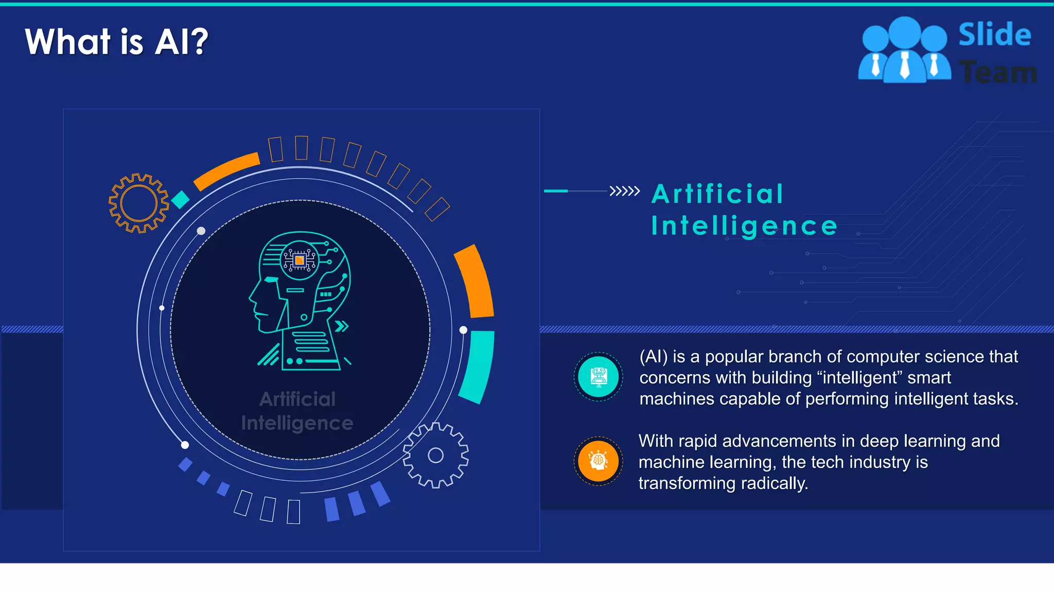 4
What is AI?
Artificial
Intelligence
(AI) is a popular branch of computer science that
concerns with building “intelligent” smart
machines capable of performing intelligent tasks.
With rapid advancements in deep learning and
machine learning, the tech industry is
transforming radically.
This slide is 100% editable. Adapt it to your needs and capture your audience's attention.
 