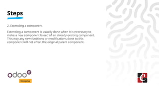 Steps
Enterprise
2. Extending a component
Extending a component is usually done when it is necessary to
make a new component based of an already existing component.
This way any new functions or modifications done to this
component will not affect the original parent component.
 
