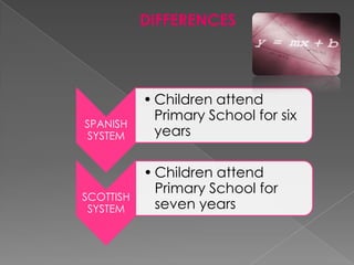 DIFFERENCES




           • Children attend
             Primary School for six
SPANISH
SYSTEM       years

           • Children attend
             Primary School for
SCOTTISH
 SYSTEM      seven years
 