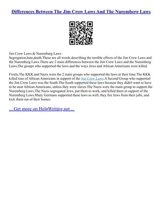 Differences Between The Jim Crow Laws And The Nuremberg Laws | PDF