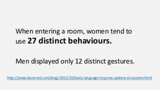 When entering a room, women tend to
use 27 distinct behaviours.
Men displayed only 12 distinct gestures.
http://www.kevinmd.com/blog/2011/10/body-language-improve-patient-encounter.html
 