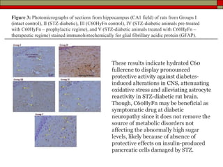 Figure 3: Photomicrographs of sections from hippocampus (CA1 field) of rats from Groups I
(intact control), II (STZ-diabetic), III (C60HyFn control), IV (STZ-diabetic animals pre-treated
with C60HyFn – prophylactic regime), and V (STZ-diabetic animals treated with C60HyFn –
therapeutic regime) stained immunohistochemically for glial fibrillary acidic protein (GFAP).




                                                   These results indicate hydrated C60
                                                   fullerene to display pronounced
                                                   protective activity against diabetes-
                                                   induced alterations in CNS, attenuating
                                                   oxidative stress and alleviating astrocyte
                                                   reactivity in STZ-diabetic rat brain.
                                                   Though, C60HyFn may be beneficial as
                                                   symptomatic drug at diabetic
                                                   neuropathy since it does not remove the
                                                   source of metabolic disorders not
                                                   affecting the abnormally high sugar
                                                   levels, likely because of absence of
                                                   protective effects on insulin-produced
                                                   pancreatic cells damaged by STZ.
 