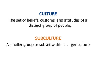 CULTURE
 The set of beliefs, customs, and attitudes of a
             distinct group of people.


                SUBCULTURE
A smaller group or subset within a larger culture
 