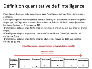 Définition quantitative de l’intelligence L’intelligence humaine est en continuum avec l’intelligence animale (nous sommes des animaux).  L'intelligence (efficience du système nerveux central) est plus importante chez les grands singes (qui ont l‘âge mental moyen d’européens de 2-3 ans, 22 de Q.I moyen) que chez les chiens (qui ont un Q.I moyen de 12). -L’intelligence est plus importante chez un enfant de 5 ans (35 de Q.I) que chez les grands singes. -L’intelligence est plus importante chez un enfant de 10 ans (70 de Q.I) que chez les enfants de 5 ans.  -L’intelligence est plus importante chez les adultes (Q.I moyen de 100) que chez les enfants de 10 ans. 