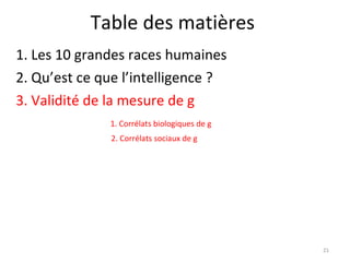 Table des matières 1. Les 10 grandes races humaines 2. Qu’est ce que l’intelligence ?  3. Validité de la mesure de g 1. Corrélats biologiques de g 2. Corrélats sociaux de g 