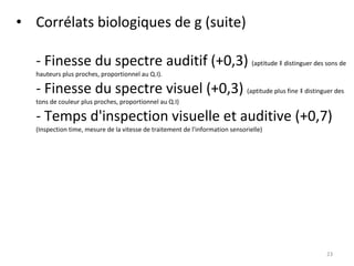 Corrélats biologiques de g (suite) - Finesse du spectre auditif (+0,3)  (aptitude à distinguer des sons de hauteurs plus proches, proportionnel au Q.I). - Finesse du spectre visuel (+0,3)  (aptitude plus fine à distinguer des tons de couleur plus proches, proportionnel au Q.I) - Temps d'inspection visuelle et auditive (+0,7)  (Inspection time, mesure de la vitesse de traitement de l'information sensorielle) 