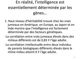 En réalité, l’intelligence est essentiellement déterminée par les gènes… 1. Haut niveau d'héritabilité trouvé chez les vrais jumeaux en Amérique, en Europe, au Japon et en Inde montre que l'intelligence est fortement déterminée par des facteurs génétiques.  -La corrélation entre vrais jumeaux élevés dans des milieux différents est de 0,83 à l’âge adulte. -La corrélation intellectuelle entre deux individus de parents biologiques différents élevés dans le même milieu atteint 0 à l'âge adulte. 