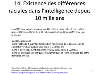14. Existence des différences raciales dans l’intelligence depuis 10 mille ans Les différences contemporaines de Q.I entre les races et entre les nations peuvent être identifiées il y a 10 mille ans déja à partir des différences en terme de: -capacité cranienne -dans l'aptitude à avoir fait la transition néolithique de la chasse et de la cueillette vers l'agriculture sédentaire il y a 8000 ans -dans le développement des premières civilisations il y a 6000 ans -dans les avancées scientifiques, mathématiques et technologiques des 2500 dernières années “ Consistency of race differences in intelligence over millennia”,  Richard Lynn,  Personality and Individual Differences 48 (2010) 100–101. http://xa.yimg.com/kq/groups/1292538/237290356/name/Lynn+(2010   