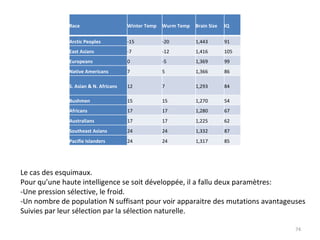 Le cas des esquimaux. Pour qu’une haute intelligence se soit développée, il a fallu deux paramètres: -Une pression sélective, le froid. -Un nombre de population N suffisant pour voir apparaitre des mutations avantageuses Suivies par leur sélection par la sélection naturelle. Race Winter Temp Wurm Temp Brain Size IQ Arctic Peoples  -15 -20 1,443 91 East Asians  -7 -12 1,416 105 Europeans 0 -5 1,369 99 Native Americans  7 5 1,366 86 S. Asian & N. Africans 12 7 1,293 84 Bushmen 15 15 1,270 54 Africans 17 17 1,280 67 Australians 17 17 1,225 62 Southeast Asians 24 24 1,332 87 Pacifie Islanders 24 24 1,317 85 