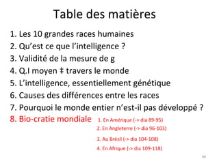 Table des matières <ul><li>1. Les 10 grandes races humaines </li></ul><ul><li>2. Qu’est ce que l’intelligence ?  </li></ul...