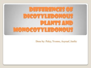 Differences of
  dicotyledonous
        plants and
monocotyledonous
      Done by: Paley, Yvonne, Asyraaf, JunJie
 
