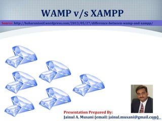 WAMP v/s XAMPP
Source: http://baharuniasif.wordpress.com/2013/05/27/difference-between-wamp-and-xampp/
Presentation Prepared By:
Jainul A. Musani (email: jainul.musani@gmail.com)
 