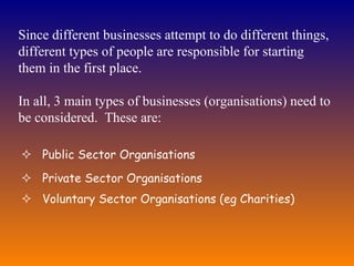 Since different businesses attempt to do different things, different types of people are responsible for starting them in the first place. In all, 3 main types of businesses (organisations) need to be considered.  These are:    Public Sector Organisations    Private Sector Organisations    Voluntary Sector Organisations (eg Charities) 