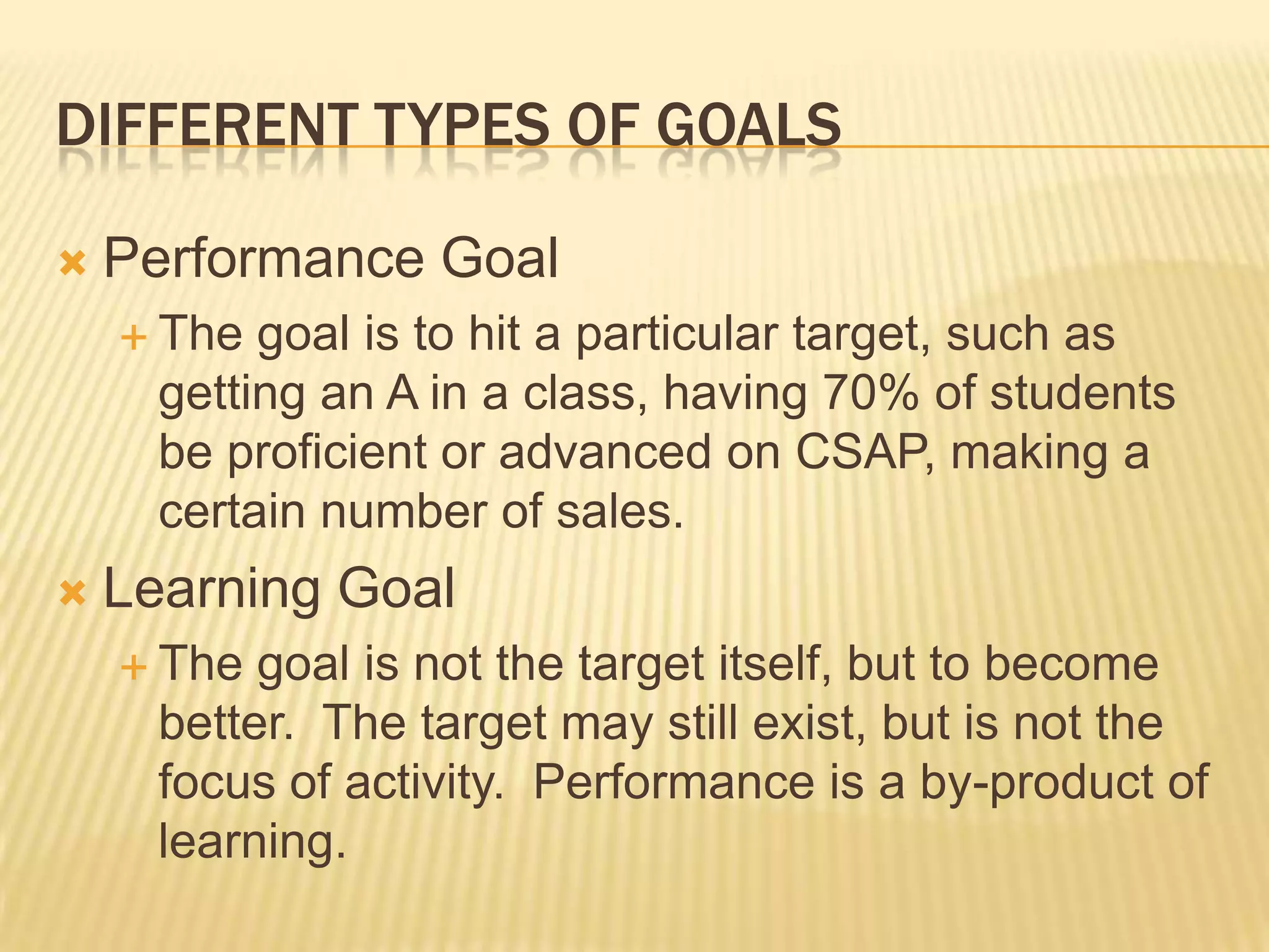 Different types of goalsPerformance GoalThe goal is to hit a particular target, such as getting an A in a class, having 70% of students be proficient or advanced on CSAP, making a certain number of sales.Learning GoalThe goal is not the target itself, but to become better.  The target may still exist, but is not the focus of activity.  Performance is a by-product of learning.