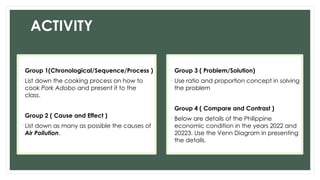 ACTIVITY
• Group 1(Chronological/Sequence/Process )
List down the cooking process on how to
cook Pork Adobo and present it to the
class.
• Group 2 ( Cause and Effect )
List down as many as possible the causes of
Air Pollution.
• Group 3 ( Problem/Solution)
Use ratio and proportion concept in solving
the problem
• Group 4 ( Compare and Contrast )
Below are details of the Philippine
economic condition in the years 2022 and
20223. Use the Venn Diagram in presenting
the details.
 