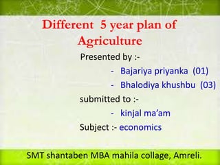 Different 5 year plan of
Agriculture
Presented by :-
- Bajariya priyanka (01)
- Bhalodiya khushbu (03)
submitted to :-
- kinjal ma’am
Subject :- economics
SMT shantaben MBA mahila collage, Amreli.
 